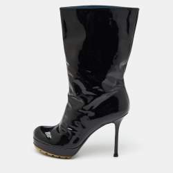 Yves Saint Laurent Black Patent Leather Mid Calf Platform Boots Size 39