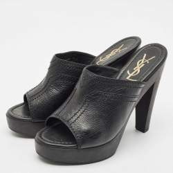 Yves Saint Laurent Black Leather Wooden Platform Mules Size 38.5