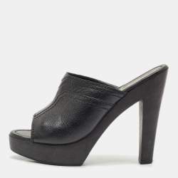 Yves Saint Laurent Black Leather Wooden Platform Mules Size 38.5