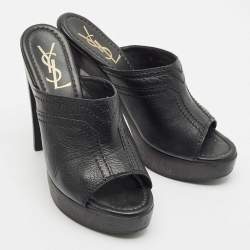 Yves Saint Laurent Black Leather Wooden Platform Mules Size 38.5