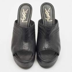 Yves Saint Laurent Black Leather Wooden Platform Mules Size 38.5