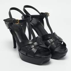 Yves Saint Laurent Black Leather Tribute Platform Sandals Size 40