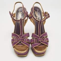 Yves Saint Laurent Purple/Gold Suede Tribute Platform Sandals Size 40