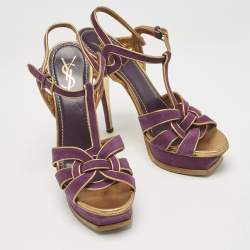 Yves Saint Laurent Purple/Gold Suede Tribute Platform Sandals Size 40