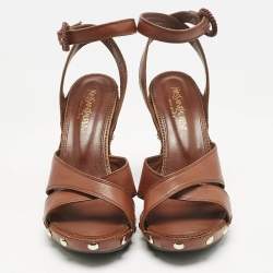 Yves Saint Laurent Brown Leather Platform Ankle Strap Sandals Size 39