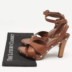 Yves Saint Laurent Brown Leather Platform Ankle Strap Sandals Size 39