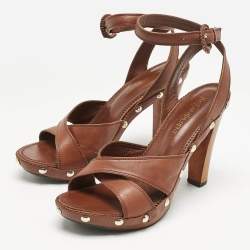 Yves Saint Laurent Brown Leather Platform Ankle Strap Sandals Size 39