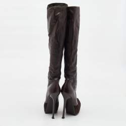 Yves Saint Laurent Dark Brown Suede and Leather Platform Knee High Boots Size 40