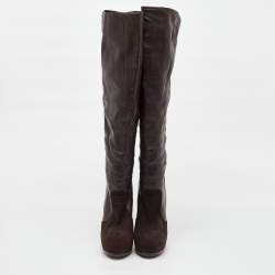 Yves Saint Laurent Dark Brown Suede and Leather Platform Knee High Boots Size 40