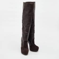 Yves Saint Laurent Dark Brown Suede and Leather Platform Knee High Boots Size 40
