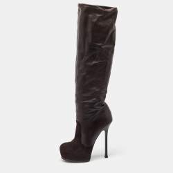 Yves Saint Laurent Dark Brown Suede and Leather Platform Knee High Boots Size 40