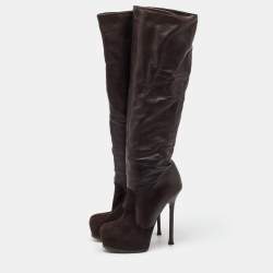 Yves Saint Laurent Dark Brown Suede and Leather Platform Knee High Boots Size 40