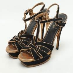 Pre Owned Yves Saint Laurent Black/Gold Leather and Suede Tribute Ankle Strap Sandals Size 39