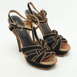 Pre Owned Yves Saint Laurent Black/Gold Leather and Suede Tribute Ankle Strap Sandals Size 39