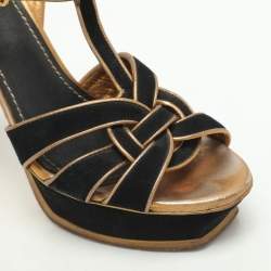 Pre Owned Yves Saint Laurent Black/Gold Leather and Suede Tribute Ankle Strap Sandals Size 39