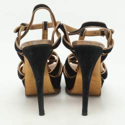Pre Owned Yves Saint Laurent Black/Gold Leather and Suede Tribute Ankle Strap Sandals Size 39