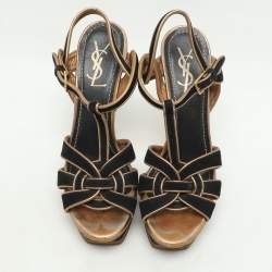 Pre Owned Yves Saint Laurent Black/Gold Leather and Suede Tribute Ankle Strap Sandals Size 39