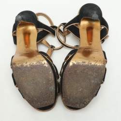 Pre Owned Yves Saint Laurent Black/Gold Leather and Suede Tribute Ankle Strap Sandals Size 39