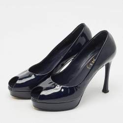 Pre Owned Yves Saint Laurent Navy Blue Patent Leather Peep Toe Ankle Strap Pumps Size 37