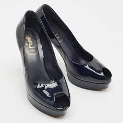 Pre Owned Yves Saint Laurent Navy Blue Patent Leather Peep Toe Ankle Strap Pumps Size 37