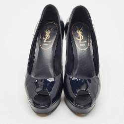 Pre Owned Yves Saint Laurent Navy Blue Patent Leather Peep Toe Ankle Strap Pumps Size 37