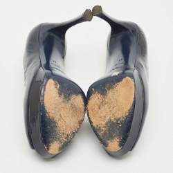 Pre Owned Yves Saint Laurent Navy Blue Patent Leather Peep Toe Ankle Strap Pumps Size 37