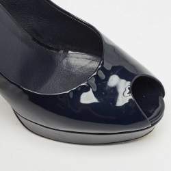 Pre Owned Yves Saint Laurent Navy Blue Patent Leather Peep Toe Ankle Strap Pumps Size 37