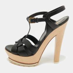 Saint Laurent Black Leather Tribute Platform Sandals Size 37.5
