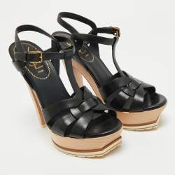 Pre Owned  Yves Saint Laurant Black Leather Tribute Platform Sandals Size 37.5