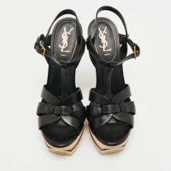 Pre Owned  Yves Saint Laurant Black Leather Tribute Platform Sandals Size 37.5