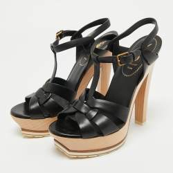 Pre Owned  Yves Saint Laurant Black Leather Tribute Platform Sandals Size 37.5