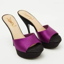 Yves Saint Laurent Purple/Black Satin Platform Slide Sandals Size 35.5