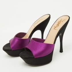Yves Saint Laurent Purple/Black Satin Platform Slide Sandals Size 35.5