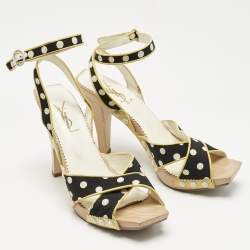 Pre Owned Saint Laurent Cream/Black Polka Dot Printed Fabric And  Leather Wooden Sandals Size 39