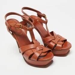 Pre Owned Yves Saint Laurent Brown Leather Tribute Ankle Strap Sandals Size 38