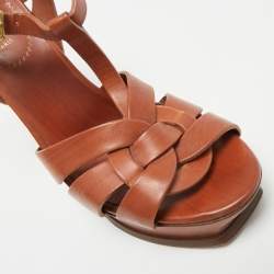 Pre Owned Yves Saint Laurent Brown Leather Tribute Ankle Strap Sandals Size 38
