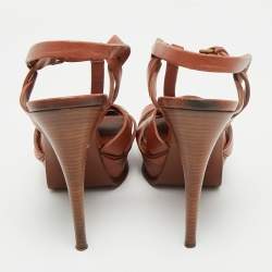 Pre Owned Yves Saint Laurent Brown Leather Tribute Ankle Strap Sandals Size 38