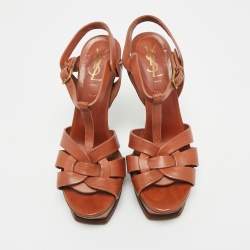 Pre Owned Yves Saint Laurent Brown Leather Tribute Ankle Strap Sandals Size 38