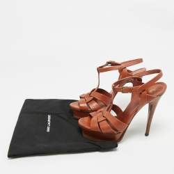 Pre Owned Yves Saint Laurent Brown Leather Tribute Ankle Strap Sandals Size 38