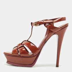 Pre Owned Yves Saint Laurent Brown Patent Leather Platform Sandals Size 38