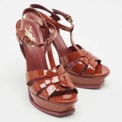 Pre Owned Yves Saint Laurent Brown Patent Leather Platform Sandals Size 38