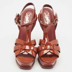 Pre Owned Yves Saint Laurent Brown Patent Leather Platform Sandals Size 38