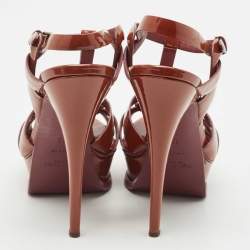 Pre Owned Yves Saint Laurent Brown Patent Leather Platform Sandals Size 38