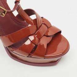 Pre Owned Yves Saint Laurent Brown Patent Leather Platform Sandals Size 38