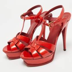 Pre Owned Yves Saint Laurent Red Patent Leather Tribute Platform Sandals Size 38