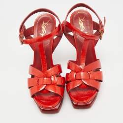 Pre Owned Yves Saint Laurent Red Patent Leather Tribute Platform Sandals Size 38
