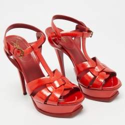 Pre Owned Yves Saint Laurent Red Patent Leather Tribute Platform Sandals Size 38