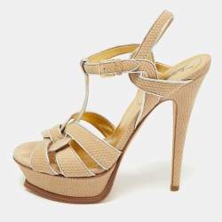 Pre Owned Yves Saint Laurent Beige/Silver Suede and Leather Platform Sandals Size 36.5