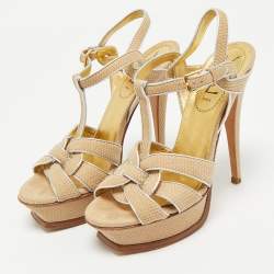 Pre Owned Yves Saint Laurent Beige/Silver Suede and Leather Platform Sandals Size 36.5