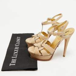 Pre Owned Yves Saint Laurent Beige/Silver Suede and Leather Platform Sandals Size 36.5